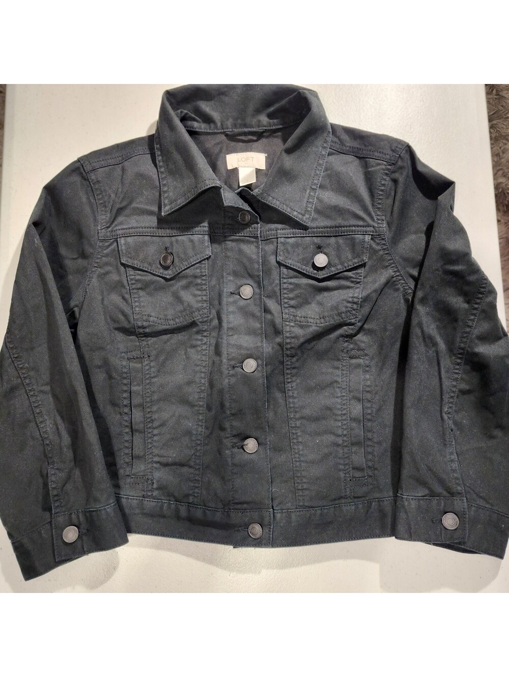 LOFT S Black Denim Button-Up Collared Pockets Long Sleeve Jacket